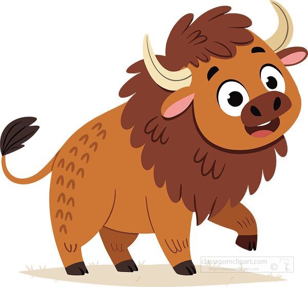 smiling cartoon bison with brown fur large horns and a playful expression in a flat vector style