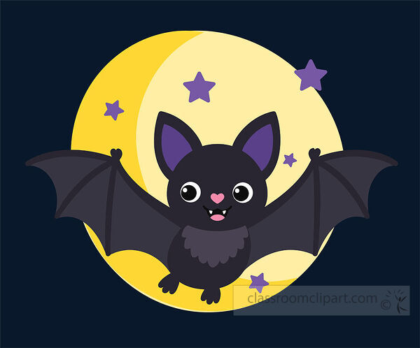 Cute black bat with spread wings smiling in front of a large yellow full moon with purple stars