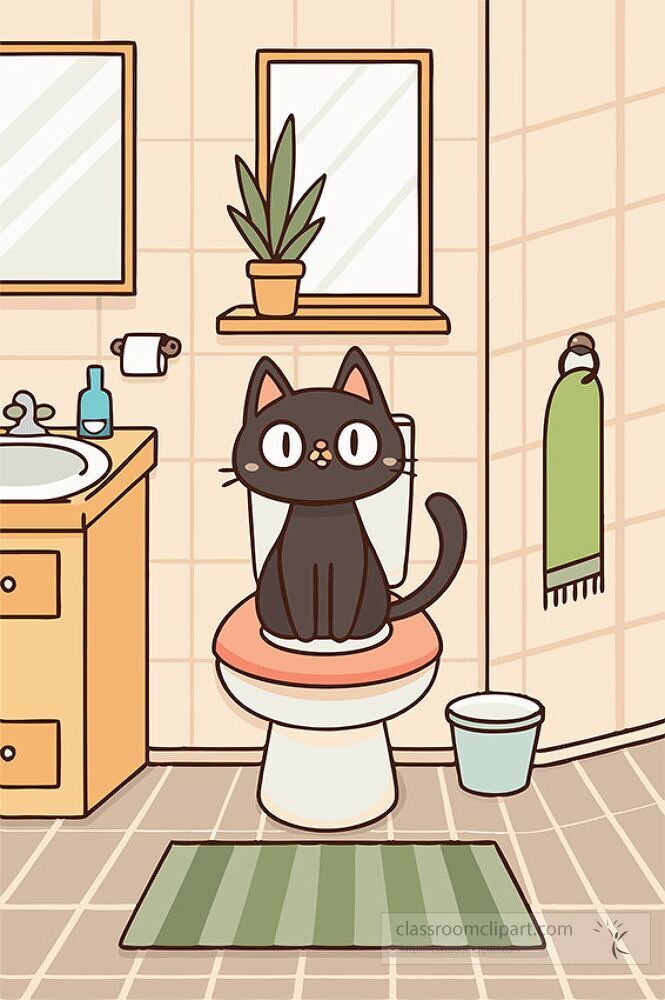 A charming cartoon style black cat is perched on a toilet seat in a cozy bathroom The setting features a mirror potted plant sink and towel creating a playful atmosphere