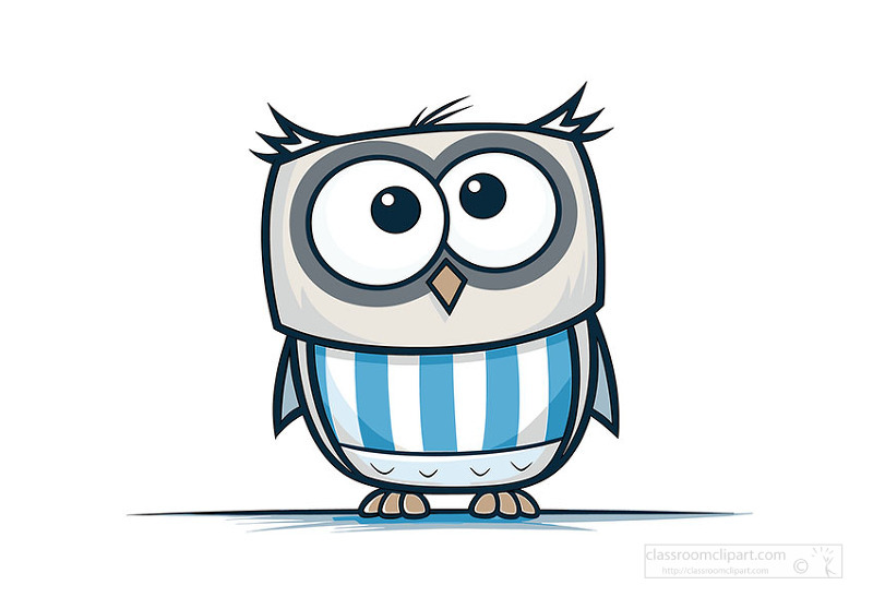 Big eyed cartoon owl with blue and white striped body standing on the ground