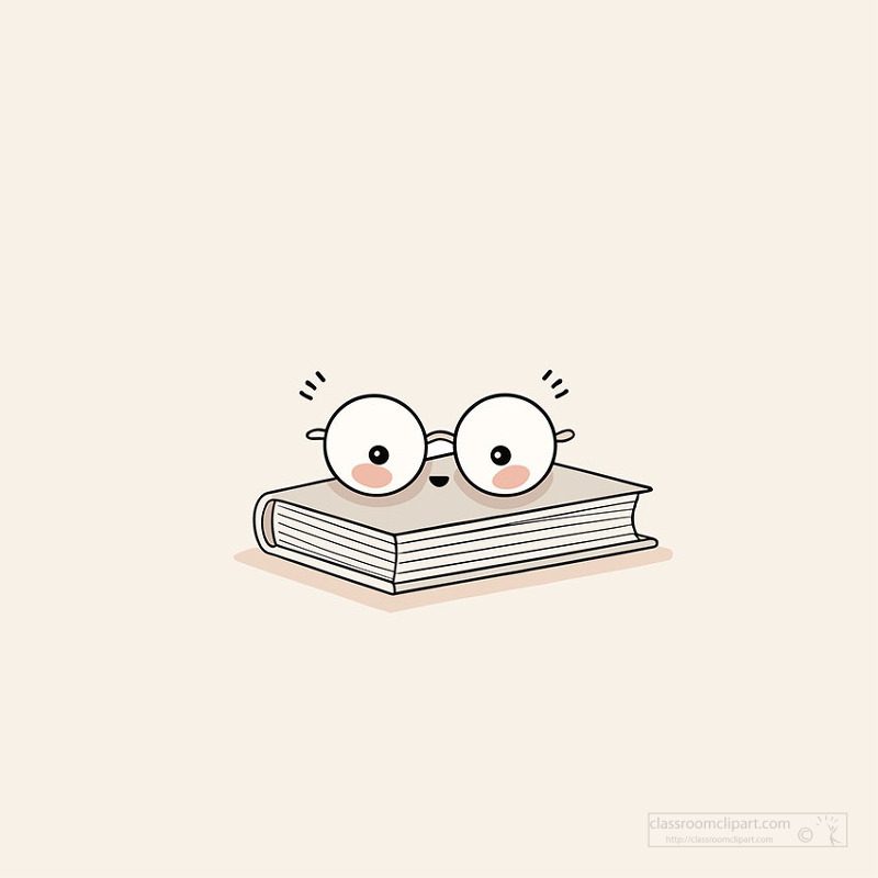 Simple pastel illustration of a closed book with big round glasses and a happy face perfect for reading logs or study themed designs