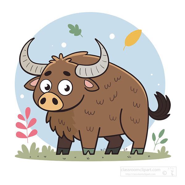 riendly buffalo cartoon character with curved horns standing outdoors with leaves and plants