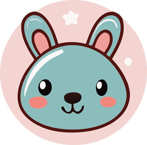 A round pastel pink sticker featuring an adorable bunny face with big ears and rosy cheeks