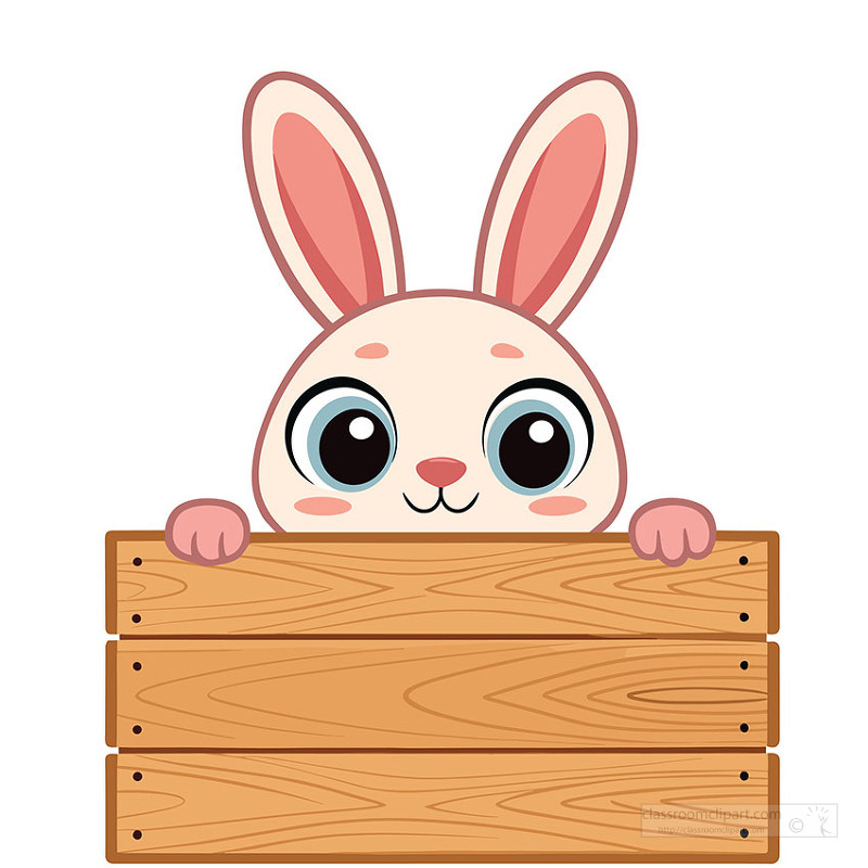 Adorable bunny peeking over a wooden sign board ready for easter greeting message