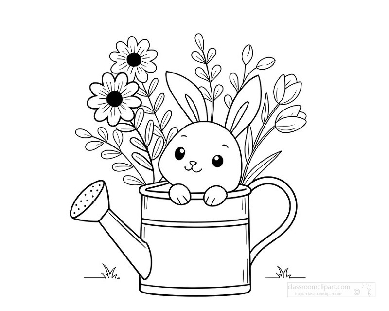 Black and white coloring page of bunny in watering can with flowers