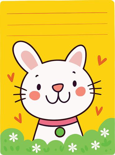 A cute white bunny with pink cheeks on a yellow notepad with hearts and green grass