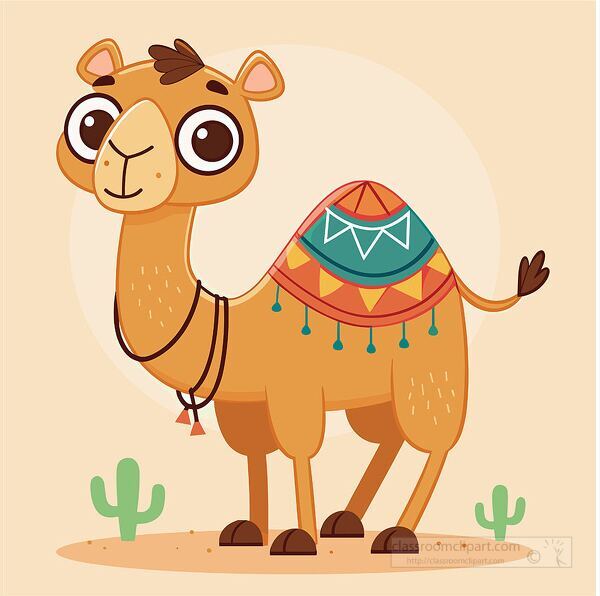 cheerful camel with decorative saddle and tassels standing on sand with cacti in background