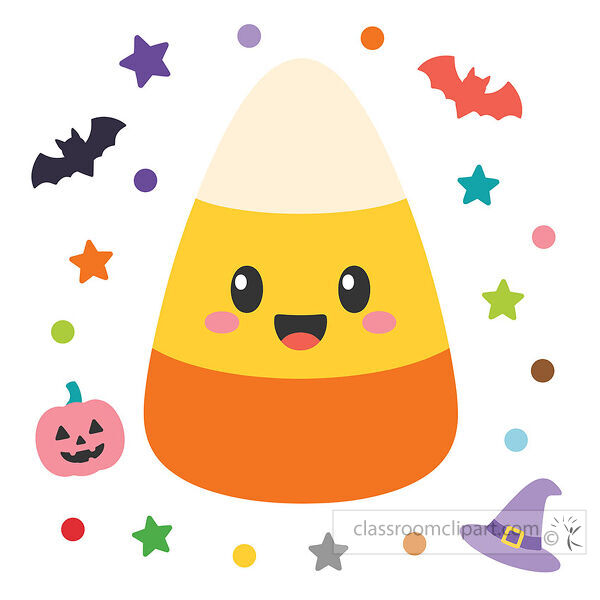 Cute candy corn with smiling face surrounded by bats stars dots a pink jack o lantern and purple witch hat
