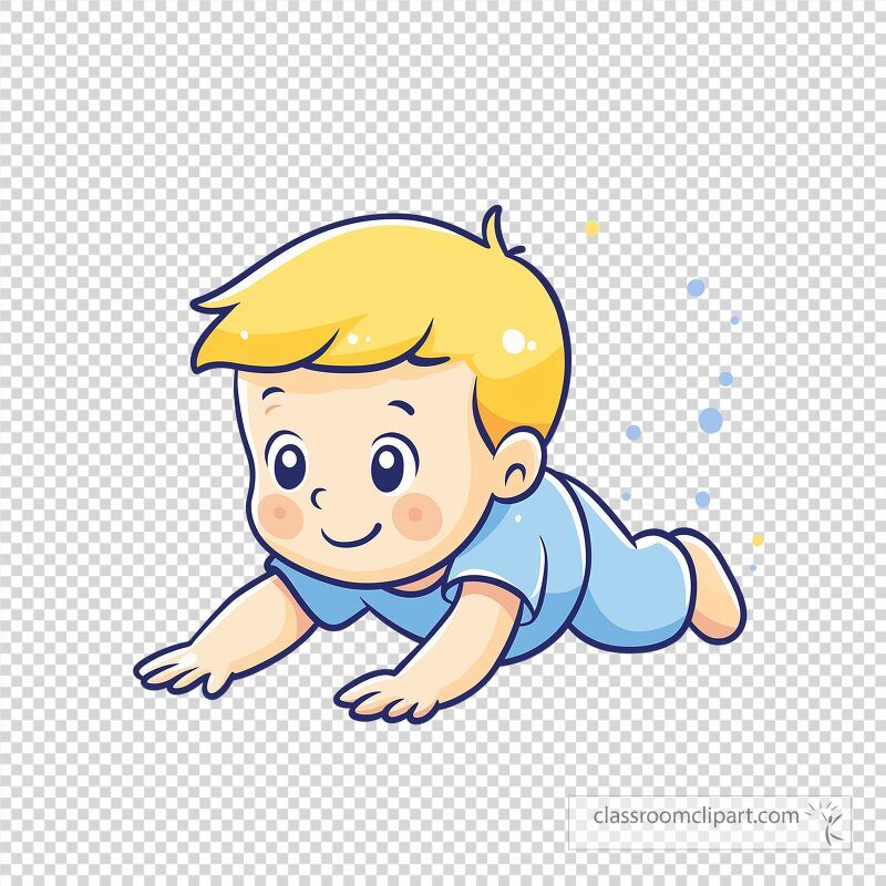 A cheerful cartoon baby with blonde hair is crawling playfully on a clean white surface The baby wears a blue outfit and looks excited while moving around exploring the surroundings