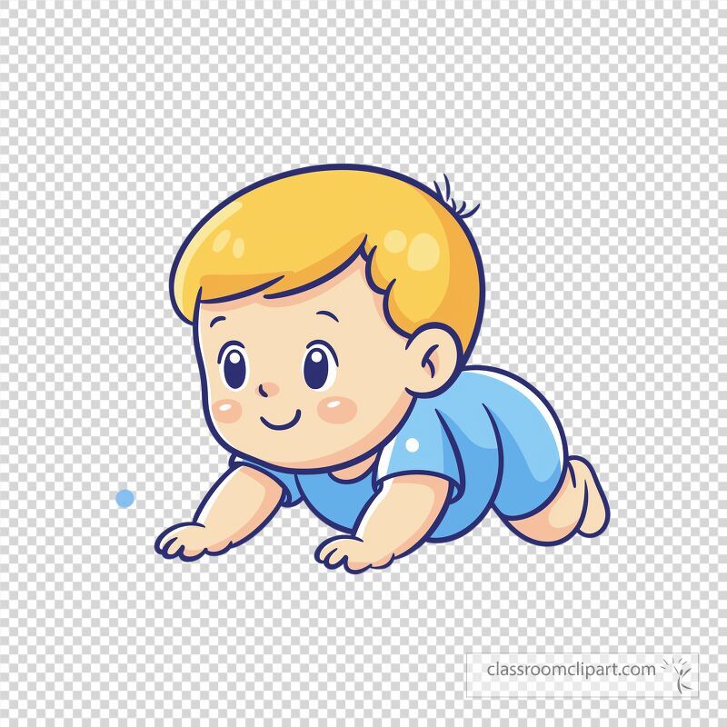 A cheerful cartoon baby with blond hair is crawling playfully across a clean surface The baby wears a light blue outfit and has a big smile radiating happiness and curiosity