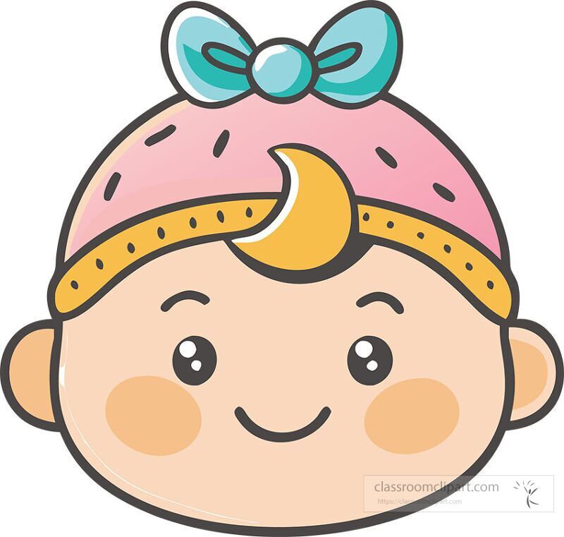 This design features a cheerful baby face with a pink cap and a charming blue bow The baby has a small golden crescent shape on the forehead creating an adorable look