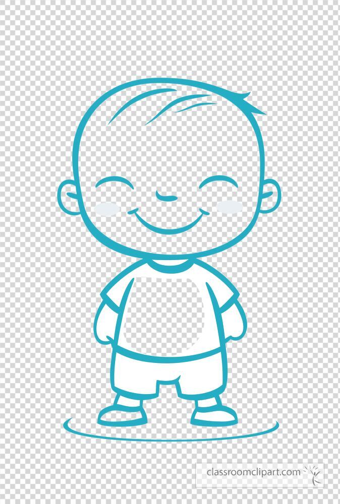 A cheerful cartoon baby stands with a big smile showcasing a playful expression The character is designed in a minimalist style with light blue outlines making it charming and appealing