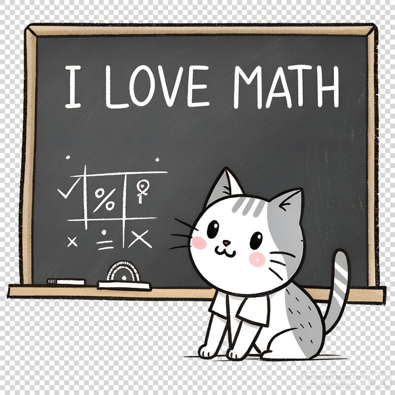 A cheerful cartoon cat with gray and white fur sits in front of a chalkboard looking up at the statement I love math. The chalkboard features simple math symbols and checkmarks creating a playful classroom atmosphere full of joy and learning.