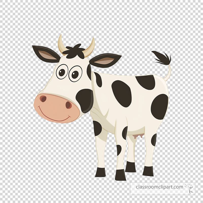 A cheerful cartoon cow with black spots stands against a white background This design is ideal for childrens themes playful art or farm related projects that evoke joy