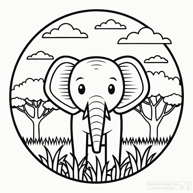 A cute cartoon elephant standing in a grassy area with trees and clouds in the background, designed for coloring.