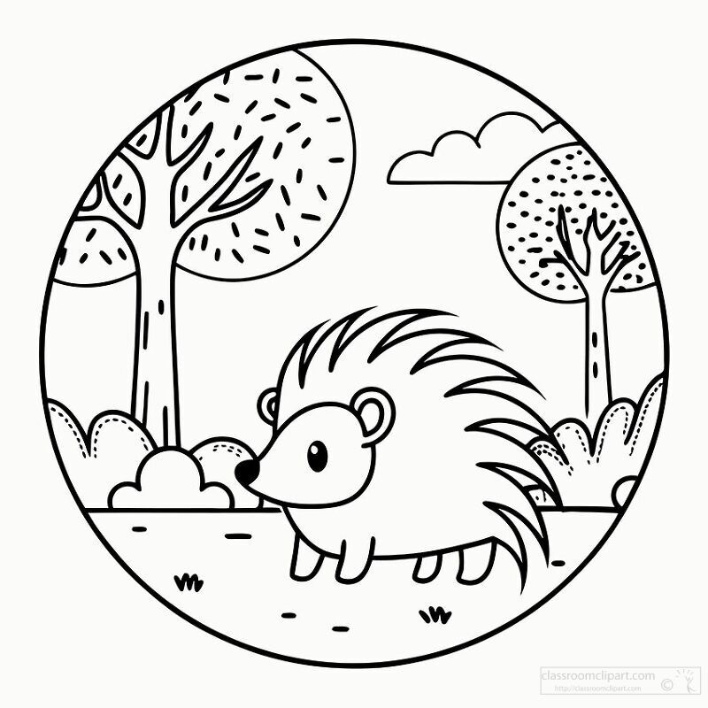 Cute Cartoon Hedgehog in a Park Coloring Page