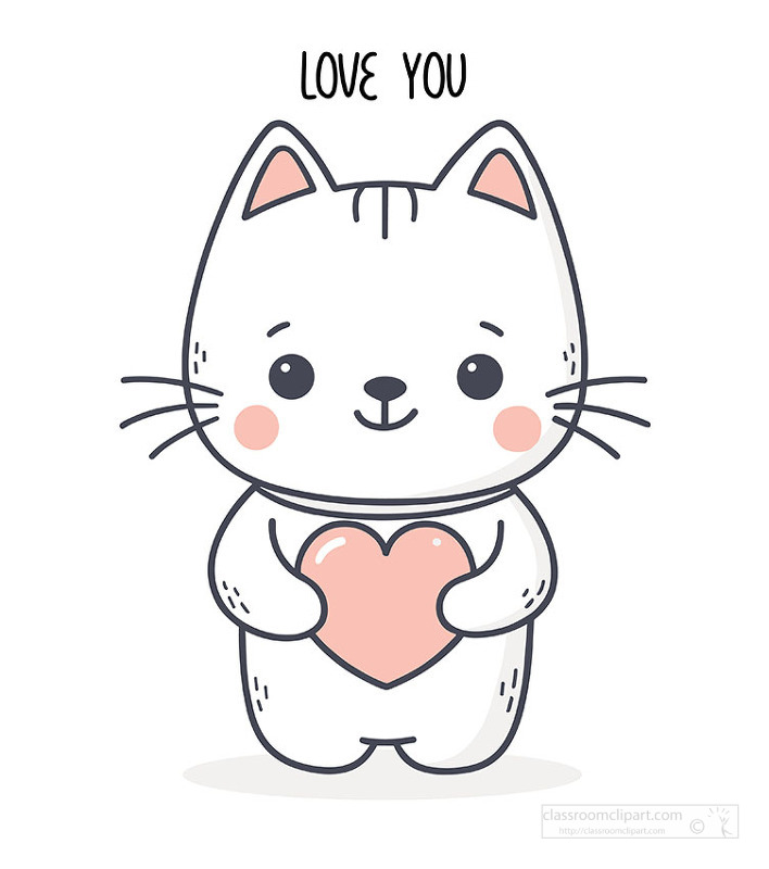 Adorable cat holding heart with love you message for valentines coloring