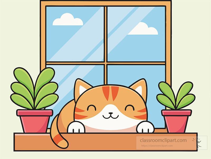 A cheerful orange cat rests on a windowsill enjoying the sunlight Two green plants flank either side of the cat adding a touch of nature to the cozy indoor setting