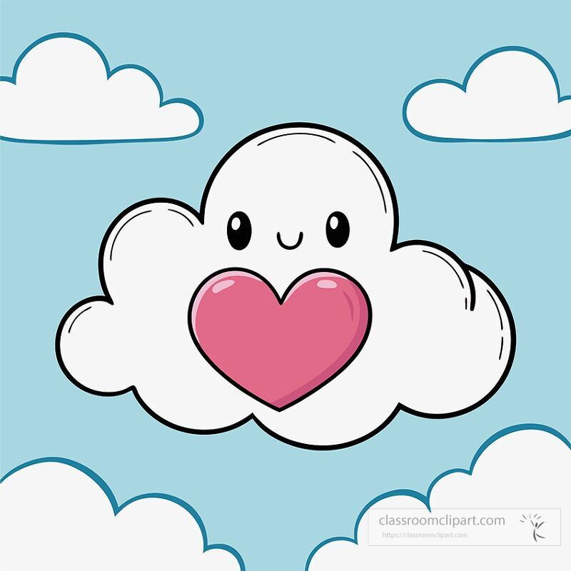 A cheerful cloud with a smiling face and a pink heart inside floats in a bright blue sky. Fluffy clouds are scattered around enhancing the whimsical feel of the scene.