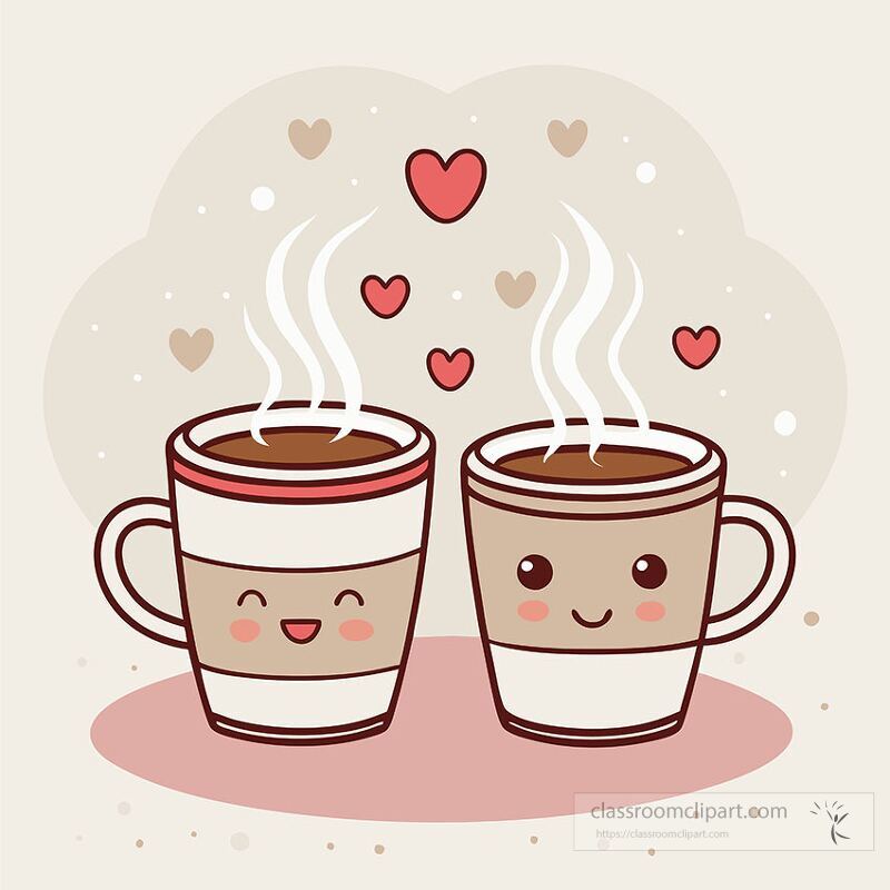 Two cheerful coffee cups with steam rising and hearts floating above them create a warm and playful atmosphere perfect for coffee lovers and celebrations of friendship