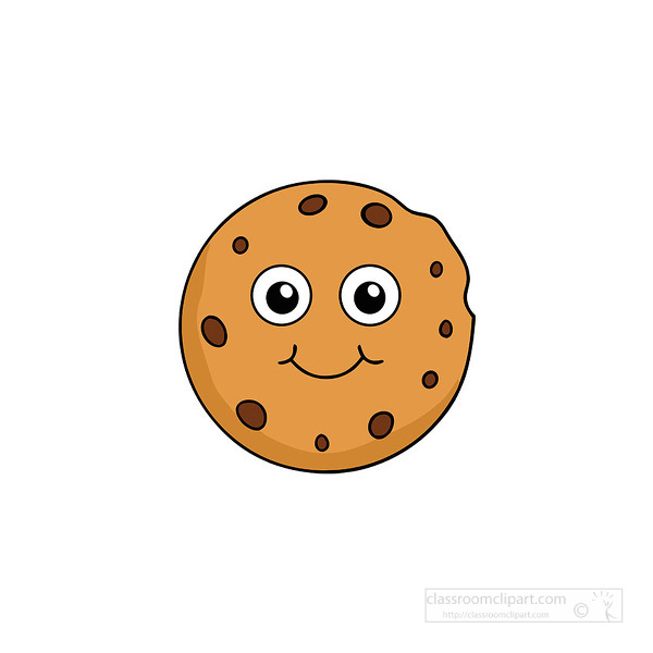 illustration of a round cookie with chocolate chips and a cheerful smiling face