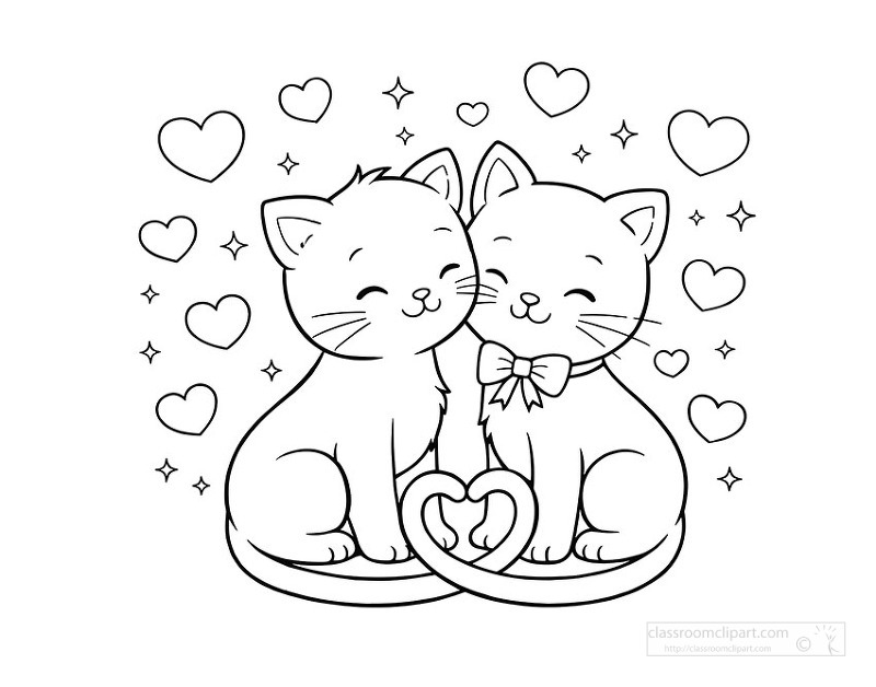 Lovely cat couple sitting close with heart shape for valentines coloring fun