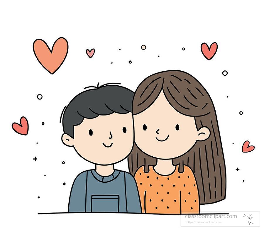 cute cartoon illustration of a boy and girl smiling together with red hearts around them