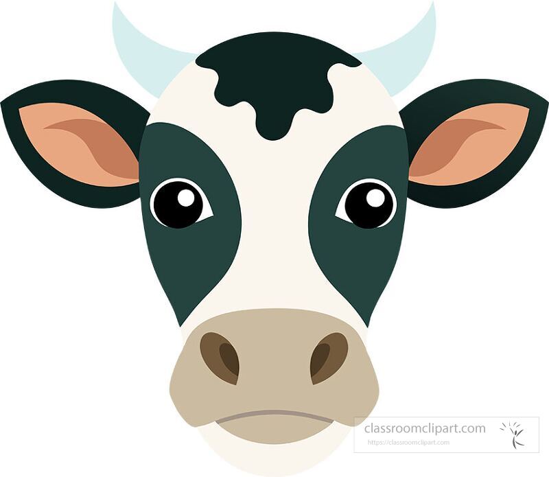 This clip art features a cartoon cow head with big eyes and a cheerful expression The cow has distinct black and white markings making it visually appealing for various designs