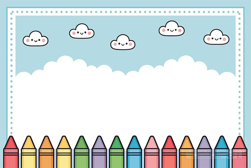 pastel background with happy smiling clouds above a rainbow crayon border and a wide white space ready for kids writing drawing or classroom announcements