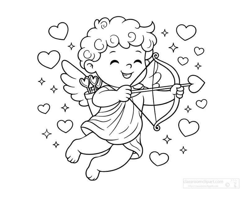 Adorable cupid flying with bow and surrounded by hearts in black and white coloring style