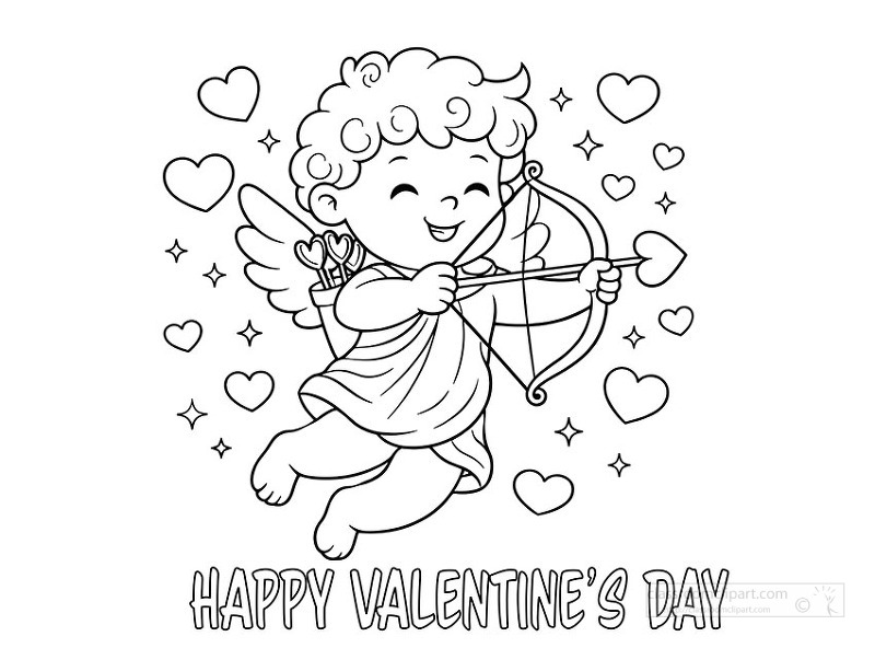 smiling cupid holding bow with hearts happy valentines day coloring page