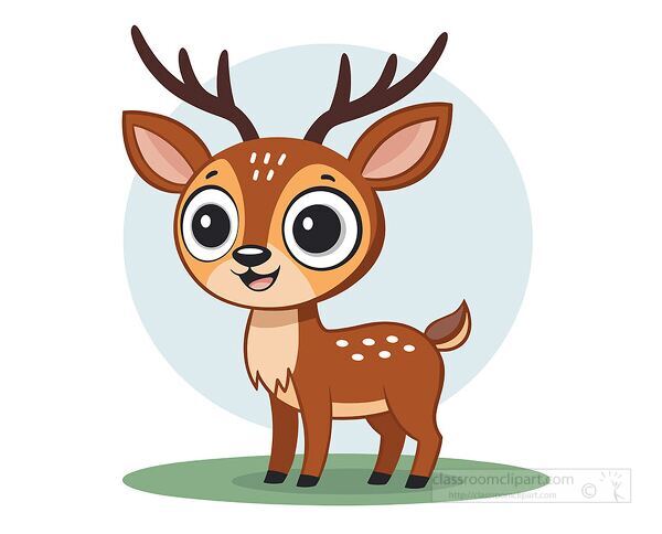 sweet cartoon deer with big eyes and small antlers standing on green grass in flat vector style