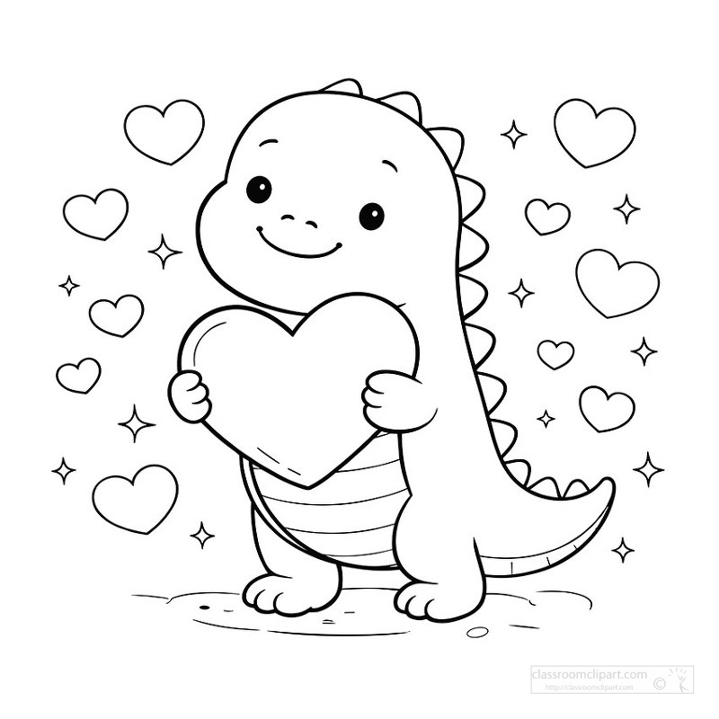 Cute dinosaur holding a heart with floating love shapes for fun coloring activity