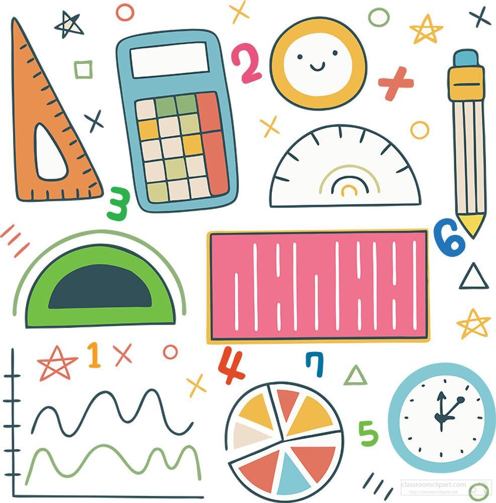 A delightful collection of playful doodle elements showcases math tools such as rulers calculators and playful shapes that inspire creativity and learning