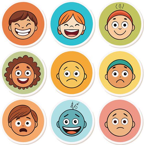 A set of colorful circular stickers featuring different facial expressions from happy to sad