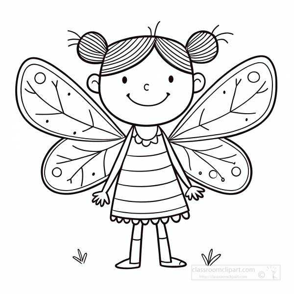 A cute fairy girl with big wings and a happy smile in a simple coloring page for kids
