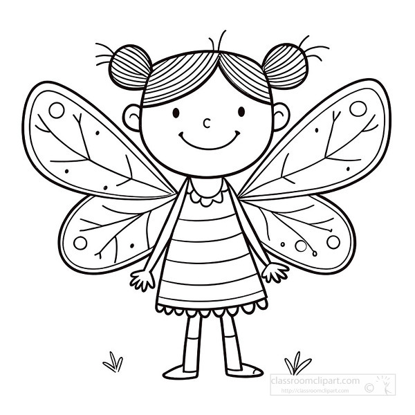 A cute fairy girl with big wings and a happy smile in a simple coloring page for kids