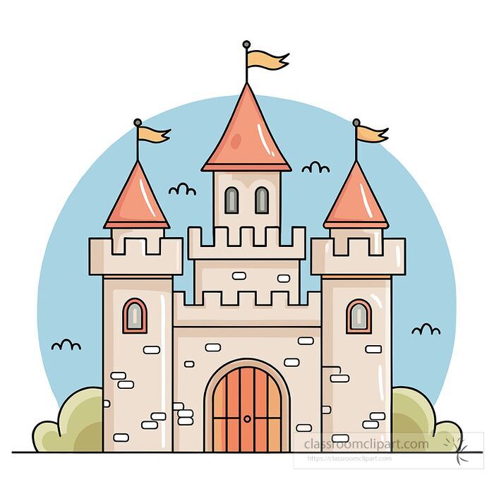 cartoon castle with red-roof towers and flags