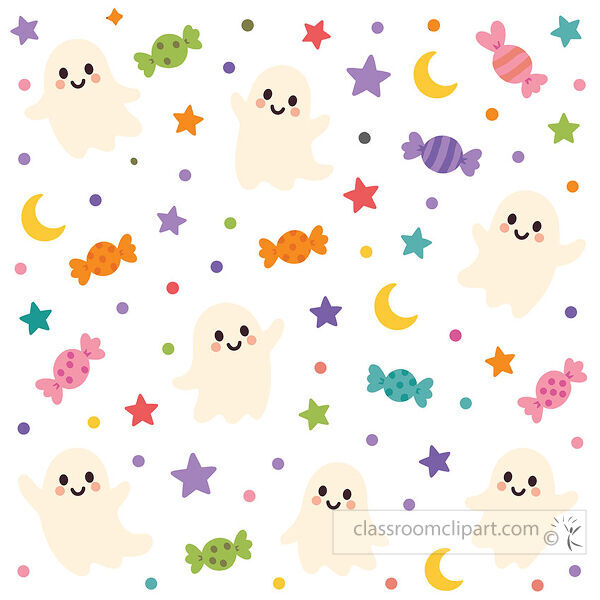Smiling ghost pattern with colorful candy crescent moons stars and confetti dots on a white background