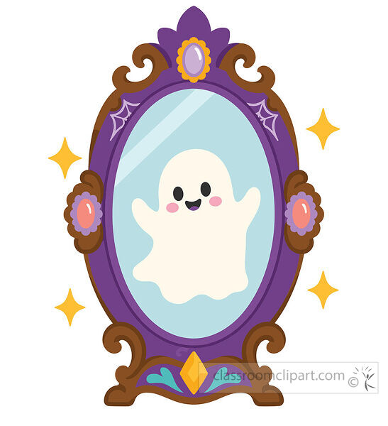 Smiling white ghost inside an ornate purple oval mirror with brown scrollwork pink gems spiderweb corners and gold sparkles
