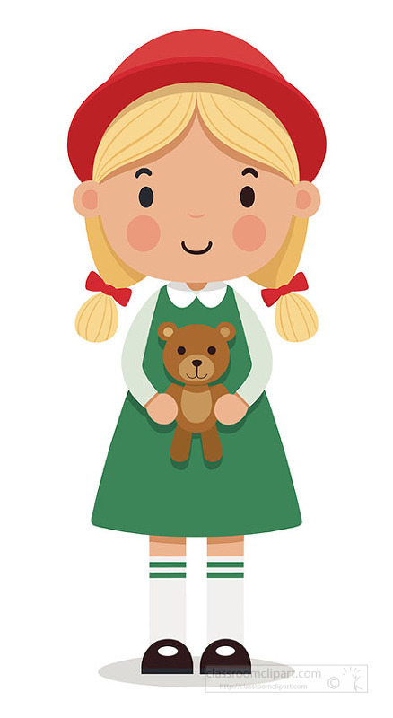 sweet cartoon girl wearing a green dress and red hat holding her favorite teddy bear