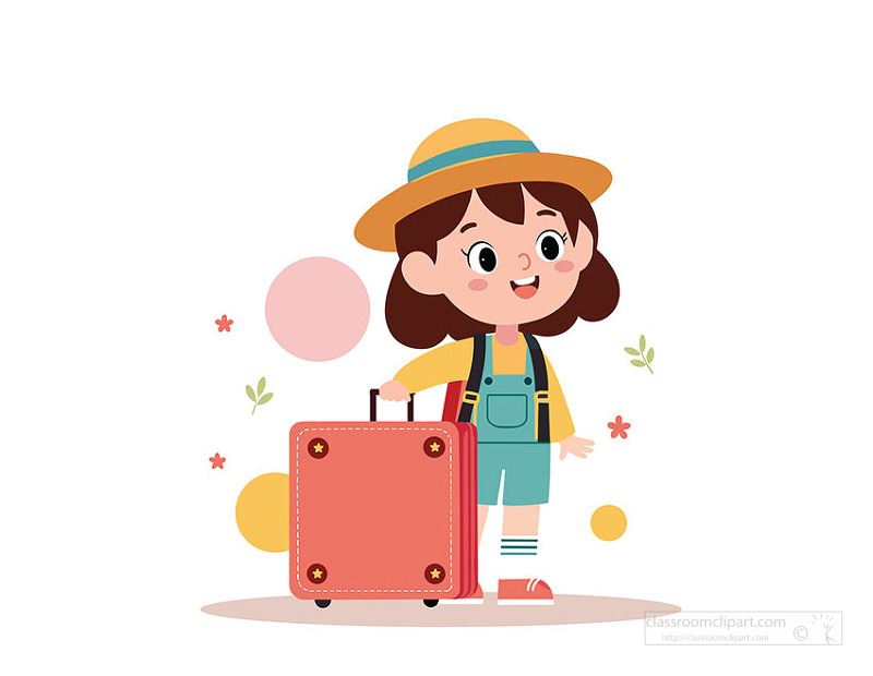 Smiling girl wearing hat and overalls standing next to rolling travel suitcase