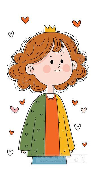 adorable illustration of a curly haired girl with colorful outfit surrounded by hearts expressing warmth and happiness