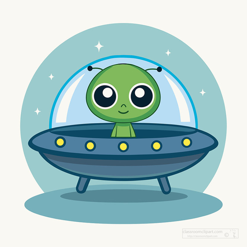Cute green alien character sitting inside flying saucer spaceship with glowing lights