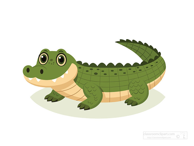 friendly green alligator lying on the ground with a big smile