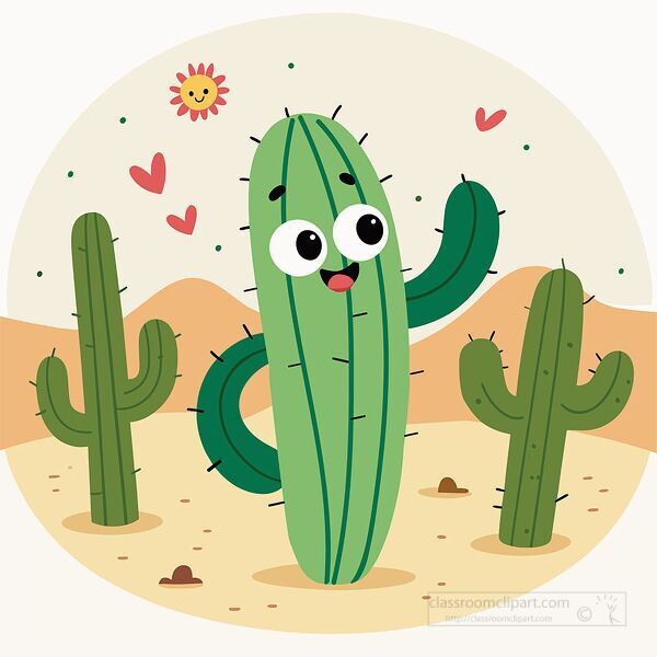 cheerful cactus character standing in desert surrounded by sand hearts and sunshine adorable cartoon art