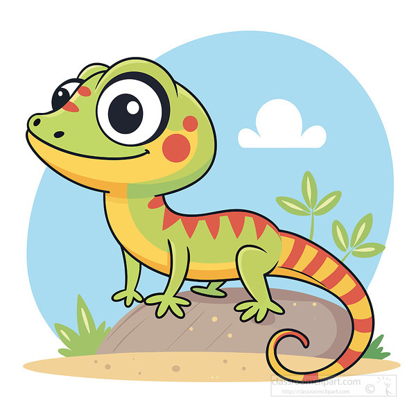 Colorful green gecko with big eyes standing on rock outdoors