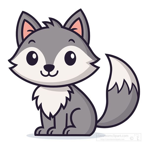 Cute vector illustration of a grey wolf sitting and smiling, drawn in a friendly cartoon style