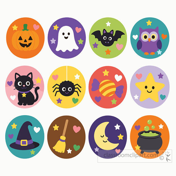 Twelve colorful oval Halloween icon badges feature cute seasonal characters including ghosts bats pumpkins candy and witch items