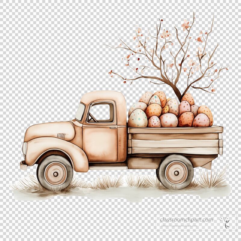 A charming hand drawn truck carries a load of colorful decorated eggs, set against a simple backdrop